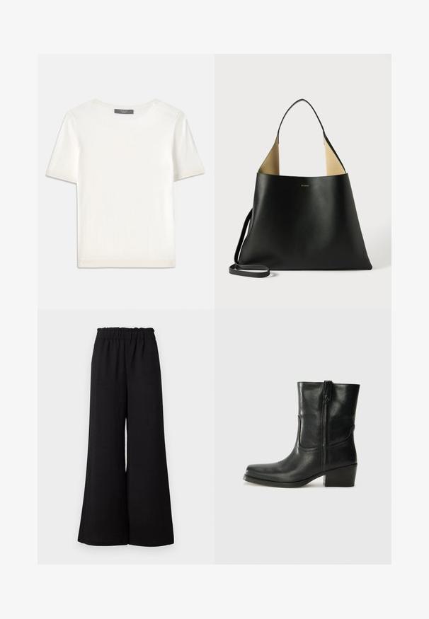 Top de malha branco, de mangas curtas, com decote redondo, apresentando uma textura suave e discretos realces canelados nas mangas e na barra.; Calças largas pretas com cintura elástica, feitas de um tecido texturizado, apresentando um corte solto e bainhas retas.; Bota de tornozelo em couro preto com bico arredondado, salto bloco, fecho lateral e detalhes em costura na parte frontal. Textura suave, design clássico.; Bolsa tote de couro preta com um design espaçoso e angular. Apresenta um interior em tom bege contrastante e uma alça de ombro fina. Branding minimalista exibido.