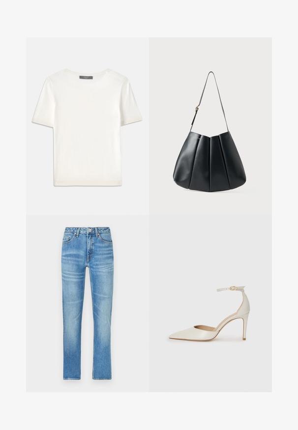 Top de malha branco, de mangas curtas, com decote redondo, apresentando uma textura suave e discretos realces canelados nas mangas e na barra.; Jeans de denim azul claro com corte reto, apresentando bolsos frontais, fecho de botão e um leve desgaste ao longo do tecido.; Sapato de salto alto em pele branca com biqueira pontiaguda, faixa no tornozelo e um salto fino de stiletto. Textura suave com um leve acabamento brilhante.; Bolsa de ombro em couro preto com design pregueado, textura suave, alça única e um discreto detalhe em dourado.