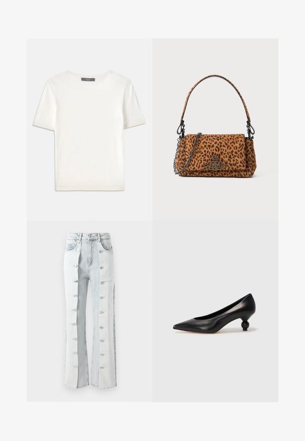 Valkoinen lyhythihainen neulepaita, jossa on pyöreä kaula-aukko. Paidan pinnassa on sileä rakenne ja hihansuissa sekä helmassa hienostuneet ribbineulekoristeet.; Vaaleansinistä denimiä olevat farkut, joissa on hopeiset napit ja leveä lahjemuotoilu sivupaneeleilla. Kangas näyttää olevan teksturoitua.; Musta nahkakengät korkealla korolla, joissa on terävä kärki ja pyöreä, pallomainen korko. Sileä pinta ja tyylikäs, minimalistinen muotoilu.; Käsilaukku, jonka kuosi on leopardikuvioinen, valmistettu mokasta. Siinä on lyhyt käsittely sekä ketjuolkaintuki ja musta metallikiinnitys. Laukku on suorakulmainen muotoinen ja siinä on läpällä suljettavissa.