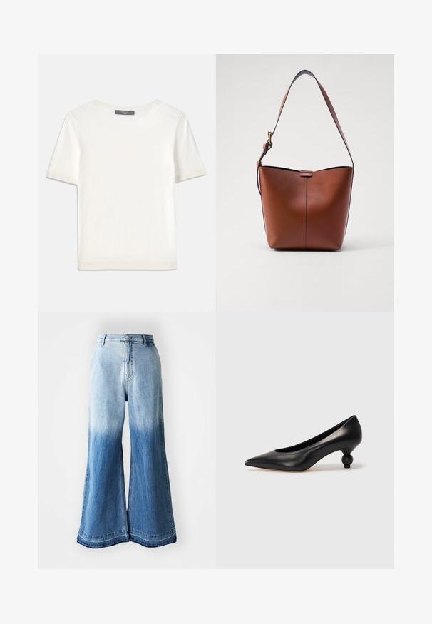 Weißes kurzärmliges Strickoberteil mit rundem Halsausschnitt, das eine glatte Textur und subtile Rippakzente an den Ärmeln und dem Saum aufweist.; Hellblaue Denim-Breitbein-Jeans mit einem verblassten Farbverlauf von hell nach dunkel, gesticktem Saum und Five-Pocket-Design.; Schwarze Leder-Pumps mit spitzem Zehenbereich und runder, ballförmiger Ferse. Glatte Textur mit einem eleganten, minimalistischen Design.; Braune Leder-Schultertasche mit geschwungener Form, glatter Textur und einem einzelnen dünnen Trageriemen. Verfügt über eine dezente Naht und ein kleines Logodetail.