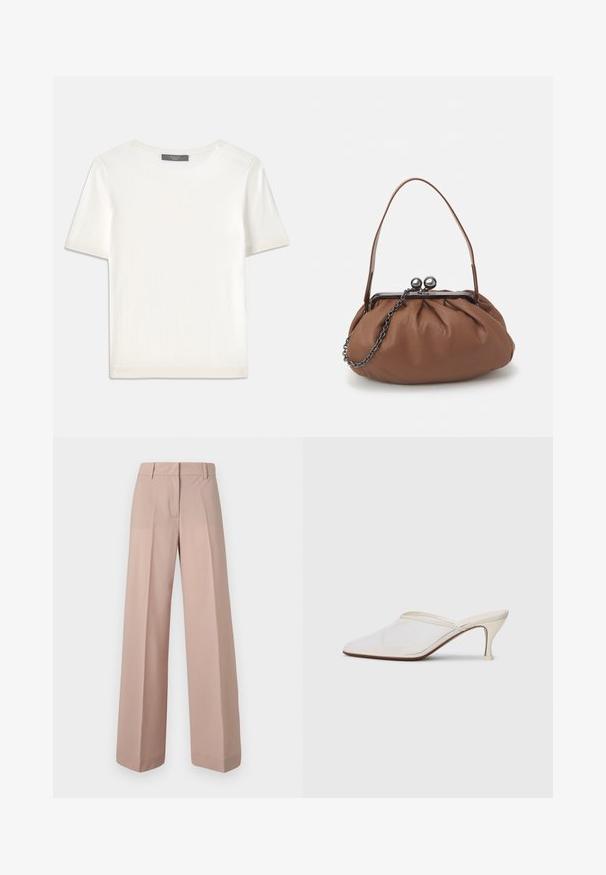 White short-sleeve knit top with a round neckline, featuring a smooth texture and subtle ribbed accents at sleeves and hem.; Wide-leg trousers in a soft pink fabric, featuring a flat front, waistband with belt loops, and a smooth texture.; White mesh pointed-toe mule with a slim mid-height heel and slip-on design against a plain background.; Brown leather handbag with a gathered design, a short leather handle, and a chain strap. Features a silver metal clasp with two round accents.