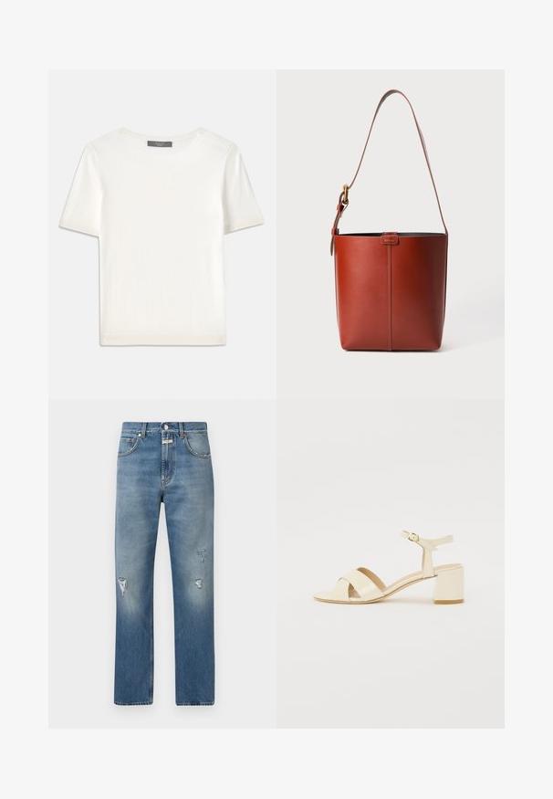 Balta īsām piedurknēm adīta blūze ar apaļu kakla izgriezumu, kurai ir gluda tekstūra un smalki riboti akcenti pie piedurknēm un apakšmalas.; Gai zila džinsa bikses ar brīvu piegriezumu, ar noberztiem pleķiem un ar rāvējslēdzēju. Klasisks piecu kabatu dizains un taisnas kājas.; Bežīgi patentēti ādas sandalītes ar krustenisku siksnu dizainu, atvērtu pirkstu, regulējamu potītes siksnu un bloku papēdi. Gluda tekstūra.; Brūns ādas spainis ar regulējamu plecu siksnu un zelta toņa sprādzi, vienkārša vertikāla šuve priekšpusē.