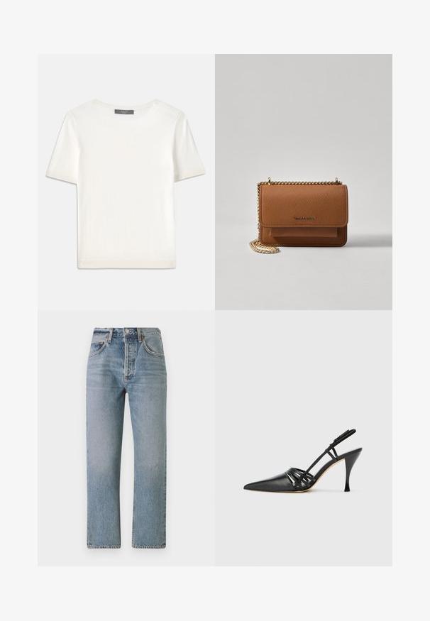 Top de malha branco, de mangas curtas, com decote redondo, apresentando uma textura suave e discretos realces canelados nas mangas e na barra.; Jeans de ganga azul claro com um corte reto, cintura alta e design clássico de cinco bolsos. Apresenta um desbotamento subtil e fecho de correr.; Sapato slingback de couro preto com salto alto, bico fino, design de tiras cruzadas e salto stiletto slim. Textura suave e acentos mínimos.; Bolsa crossbody de couro texturizado castanho com alça de corrente dourada e fecho com aba. A parte da frente apresenta detalhe do logótipo e um bolso sob a aba.