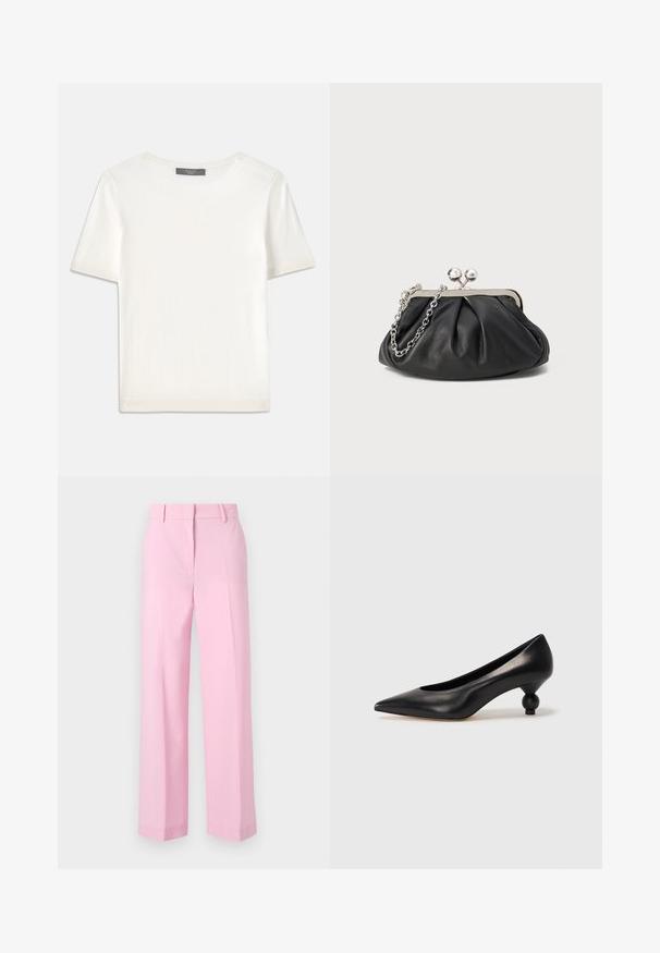 Valkoinen lyhythihainen neulepaita, jossa on pyöreä kaula-aukko. Paidan pinnassa on sileä rakenne ja hihansuissa sekä helmassa hienostuneet ribbineulekoristeet.; Vaaleanpunaiset, leveät housut, joissa on sileä pinta, standardikorkuinen vyötärö ja terävä-akkustiset taitteet edessä rakenteen vuoksi.; Musta nahkakengät korkealla korolla, joissa on terävä kärki ja pyöreä, pallomainen korko. Sileä pinta ja tyylikäs, minimalistinen muotoilu.; Mustan nahkainen clutch, jossa on rypistetty rakenne, hopeanvärinen metallikehys, suukko-lukko ja ketjuhihna. Sileä, pehmeä pinta.
