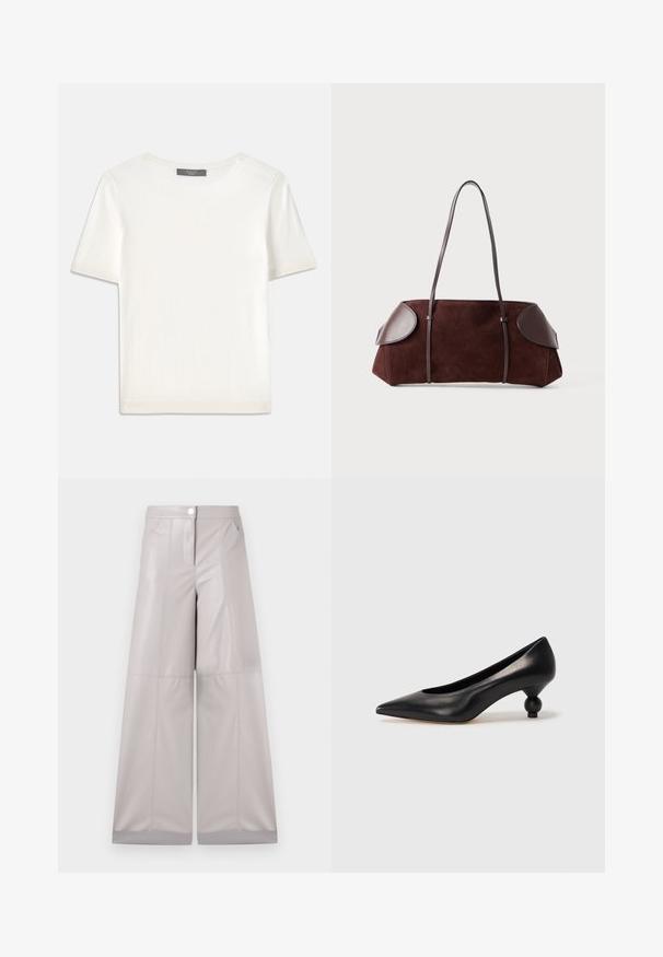Bílý pletený top s krátkým rukávem a kulatým výstřihem, s hladkou strukturou a jemnými ribovými akcenty na rukávech a lemu.; Široké kalhoty v světle šedé umělé kůži, s předním zapínáním na knoflík, dvěma bočními kapsami a švy pro zvýšení textury.; Černá kožená vysoká bota na podpatku s špičatou špičkou a kulatým, zaobleným podpatkem. Hladká textura s elegantním, minimalistickým designem.; Hnědá semišová taška s koženými detaily, strukturovaného tvaru, s dvojitými ramenními popruhy a zaoblenými okraji, s hladkým povrchem a minimálním kovovým příslušenstvím.