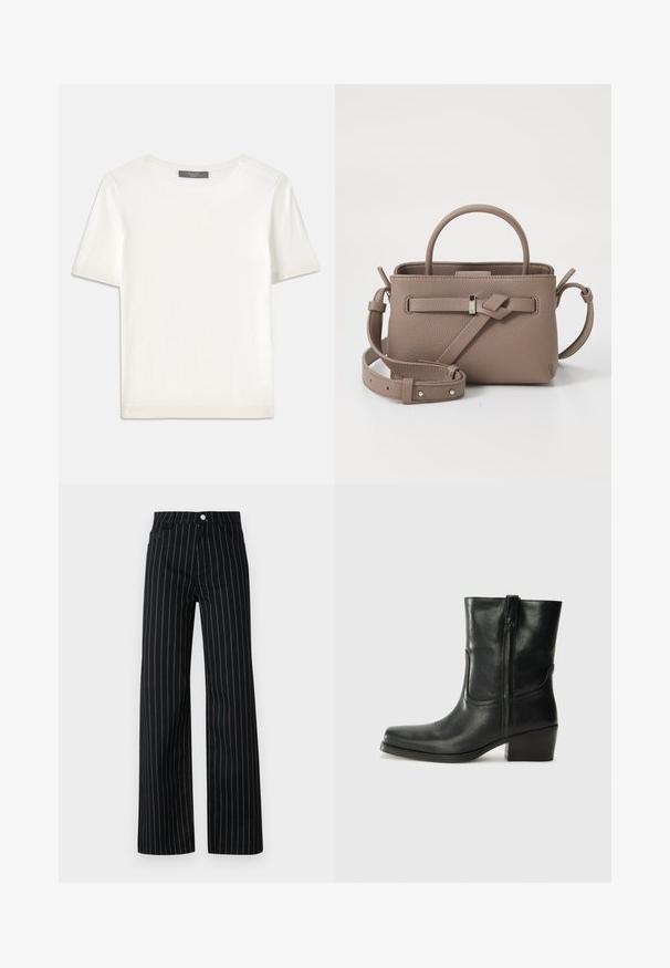 Valge lühikeste varrukatega soonikutega viimistletud ringkaelusega kampsun, millel on sile tekstuur.; Mustad laiad püksid vertikaalsete siniste triipudega, klassikalise viie tasku disainiga ja esise kinnitusega nööbi kaudu.; Musta nahast pahkluu saabas ümarate varvastega, plokknäppu, külgsepa ja pealsetel õmblusest aktsentidega. Sile tekstuur, klassikaline disain.; Taupe tekstuuriga nahkrahakott pealmise käepideme, reguleeritava õlavarre rihma ja dekoratiivse sõlme detailiga puhtal valgel taustal.