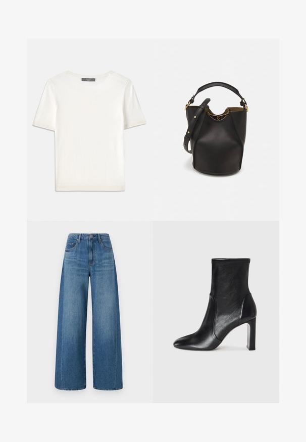 White short-sleeve knit top with a round neckline, featuring a smooth texture and subtle ribbed accents at sleeves and hem.; Wide-leg blue jeans with a medium wash, featuring a high waist, five pockets, and subtle whiskering. Made of denim with a smooth texture.; Black leather ankle boot with a sleek design, pointed toe, and a high block heel. Features smooth texture and minimalistic stitching detail.; Black leather bucket bag with a textured finish, gold hardware accents, and an open top. Features a short handle and adjustable shoulder strap.