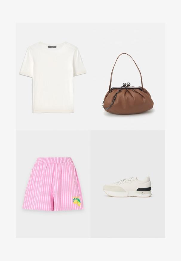 White short-sleeve knit top with a round neckline, featuring a smooth texture and subtle ribbed accents at sleeves and hem.; Pink swim shorts with white vertical stripes, elastic waistband, and lemon graphic with "STIEGLITZ" text on the left leg.; White sneaker featuring a textured suede toe cap, smooth mesh upper, decorative laces, and a black rubber heel accent.; Brown leather handbag with a gathered design, a short leather handle, and a chain strap. Features a silver metal clasp with two round accents.