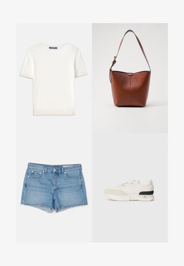 Haut tricot blanc à manches courtes avec un col rond, présentant une texture lisse et des accents côtelés subtils aux manches et à l'ourlet.; rag & bone Short en jean - light blue; Baskets blanches avec un capuchon en suède texturé, un upper en mesh lisse, des lacets décoratifs, et un accent de talon en caoutchouc noir.; Sac à épaule en cuir marron avec une forme courbée, texture lisse et une seule sangle fine. Présente une couture subtile et un petit logo.