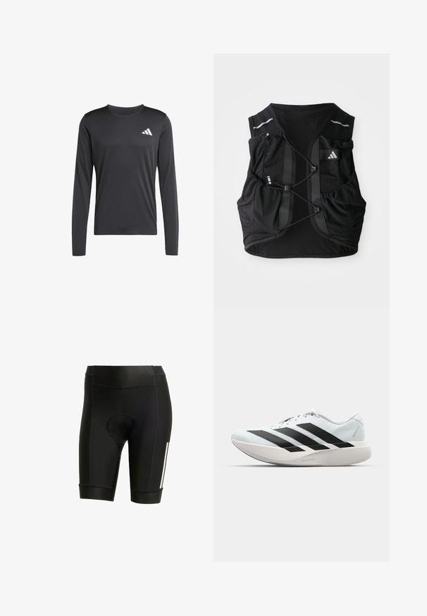 Zwart lang mouwen atletisch shirt gemaakt van glad, lichtgewicht stof met een klein wit logo op de bovenste linkerzijde. Eenvoudig en aansluitend design.; Zwarte fietsbroek met een gepolsterde zitting, gemaakt van rekbare stof. Heeft een strak ontwerp met witte strepen en platte stiksels.; Lichte hardloopschoenen in lichtblauw met zwarte strepen. Beschikt over een soepele bovenkant, ronde neusstuk en dikke witte tussenzool met het label "LIGHTSTRIKE PRO."; Zwarte ademende mesh hardloopvest met verstelbare voorkoordjes, meerdere zakken en een klein logo op de bovenste rechterborst.