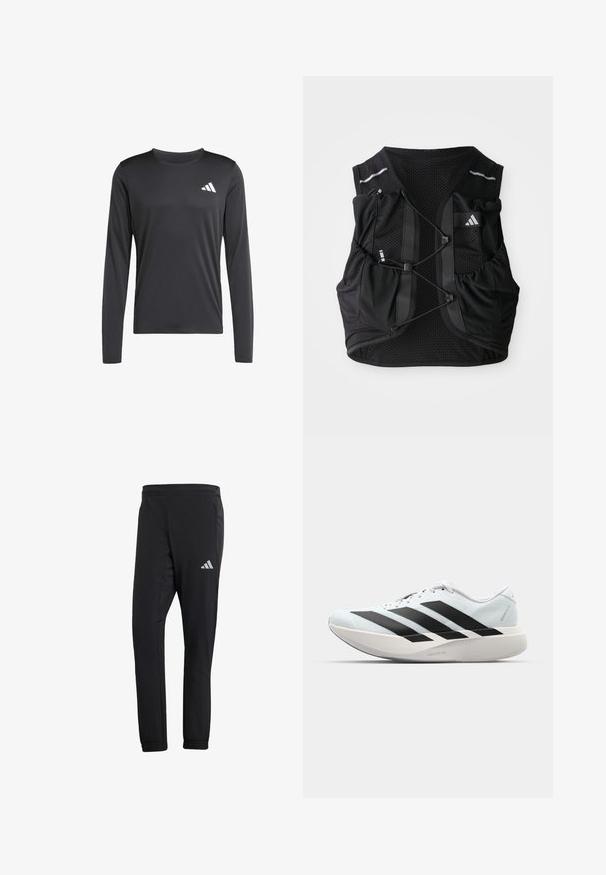 Schwarzes langärmliges Sportshirt aus glattem, leichtem Material mit einem kleinen weißen Logo oben links. Einfaches und figurbetontes Design.; Schwarze Sporthose mit schmalem Schnitt, aus glattem Stoff. Verfügt über seitliche Taschen und ein reflexives Logo auf dem oberen linken Oberschenkel.; Leichte Laufschuhe in hellblau mit schwarzen Streifen. Sie verfügen über ein glattes Obermaterial, eine runde Zehenpartie und eine dicke weiße Zwischensohle, die mit "LIGHTSTRIKE PRO" beschriftet ist.; Schwarze atmungsaktive Mesh-Laufweste mit verstellbaren vorderen Schnüren, mehreren Taschen und einem kleinen Logo auf der oberen rechten Brust.