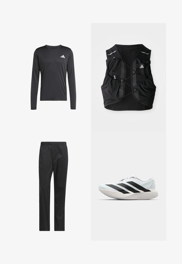 Black long-sleeve athletic shirt made of smooth, lightweight fabric featuring a small white logo on the upper left. Simple and fitted design.; Black waterproof pants with a straight-leg design, elastic waistband, and a smooth, lightweight texture. No visible pockets or accents.; Lightweight running shoes in pale blue with black stripes. Features a smooth upper, round toe, and thick white midsole labeled "LIGHTSTRIKE PRO."; Black breathable mesh running vest with adjustable front cords, multiple pockets, and a small logo on the upper right chest.