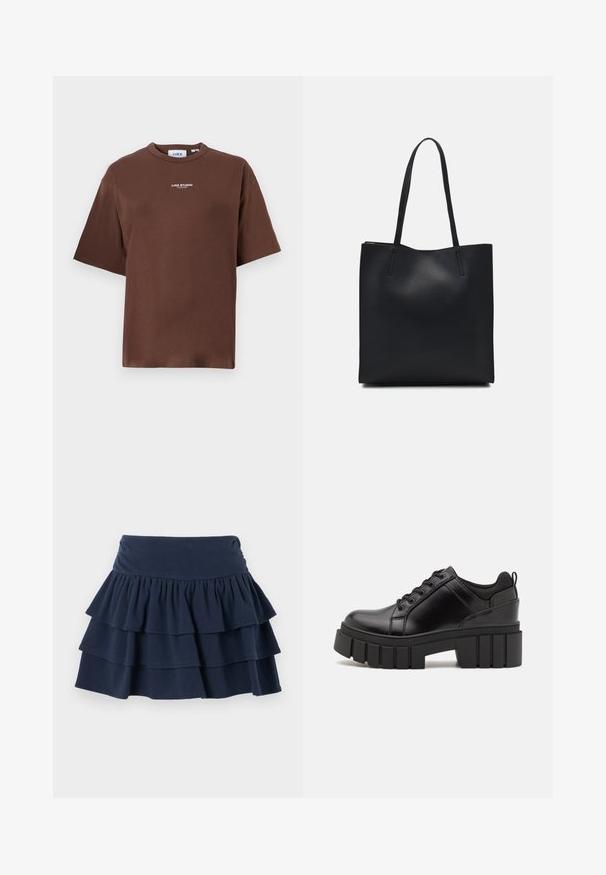 Καφέ βαμβακερό t-shirt με χαλαρή εφαρμογή, στρογγυλή λαιμόκοψη και κοντά μανίκια. Διαθέτει μικρή επιγραφή "JJXX STUDIO" μπροστά.; Hollister Co. MAY RUFFLE - Σορτς - dark blue; Μαύρα δερμάτινα παπούτσια πλατφόρμας με παχύ μπλοκ τακούνι, στρογγυλή μύτη και παραδοσιακό σχέδιο δέσιμο. Διαθέτουν λεία υφή και ελάχιστες λεπτομέρειες.; Μαύρη δερμάτινη τσάντα tote με λείο υφή, ορθογώνιο σχήμα και δύο μακριές λαβές. Χωρίς ορατό υλικό ή διακοσμητικά στοιχεία.
