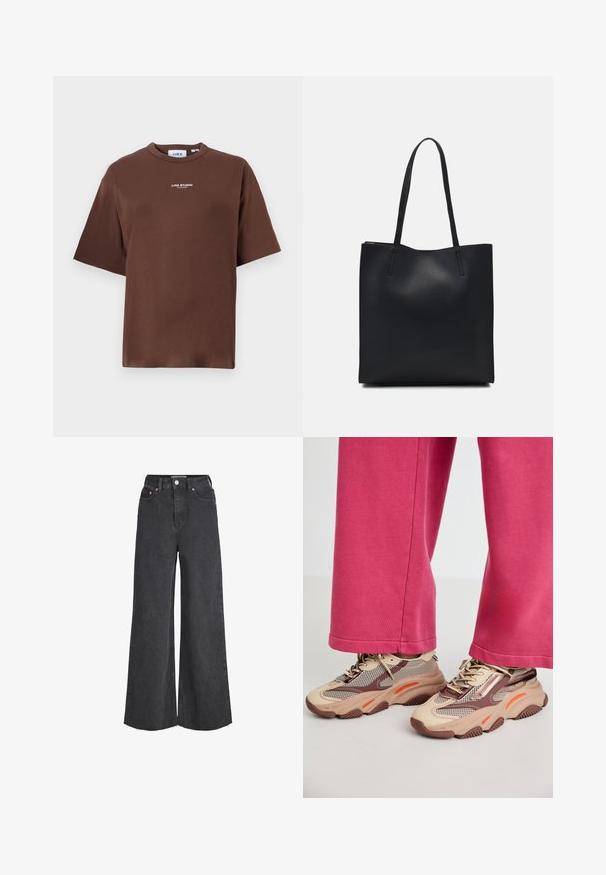 Bruine katoenen t-shirt met een relaxte pasvorm, ronde hals en korte mouwen. Bevat kleine tekst "JJXX STUDIO" op de voorkant.; Hoge taille zwarte wijde-jeans met een knoop en rits aan de voorkant, vijf zakken en een raw cut zoom.; Chunky beige sneakers met mesh en bruine accenten, voorzien van oranje highlights en een gestructureerde zool. Draag ze met roze broeken voor een casual uitstraling.; Zwarte leren handtas met een gladde textuur, rechthoekige vorm en twee lange handvaten. Geen zichtbare hardware of versieringen.