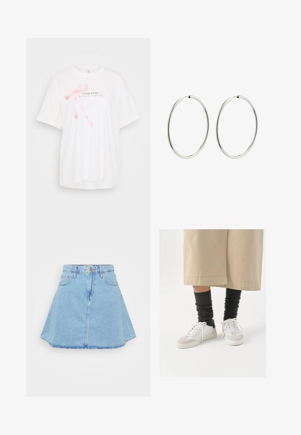 Bela majica s kratkimi rokavi z roza pentljo in besedilom "COQUETTE" v črni barvi. Mehka tkanina z udobnim krojem.; Svetlo modra denim krila z razširjenim krojem, sprednjim gumbom, štirimi žepi in surovim robom.; Bele in sivi športni copati z črnim naglasom na peti, ki imajo gladko usnjeno zgornjišče in teksturirano zamahano konico. Nosi se z temno sivimi, ohlapnimi nogavicami.; Srebrni obroči za ušesa z gladko, polirano površino. Krožna oblika, enakomerna širina, zasnovani za enostavno zapiranje. Preprosto in elegantno.