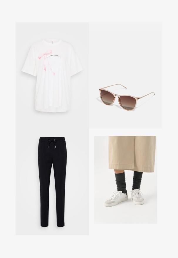 Balta t-krekls ar īsām piedurknēm, kurā attēlots rozā lentas grafisks attēlojums un teksts "COQUETTE" melnā krāsā. Mīksta auduma un brīva piegriezuma.; Melnas bikses ar auklu vidukli, ar priekšējām krokām un sašaurinātu kāju dizainu. Izgatavotas no gluda, elastīga auduma.; Baltas un pelēks sneakers ar melnu papēža akcentu, ar gludu ādas virsu un teksturētu zamšu purngali. Nēsāti ar tumši pelēkām, vaļīgām zeķēm.; Brūna gradienta saulesbrilles ar caurspīdīgu rozā rāmi, kvadrātveida forma un plānas metāla kājas. Iespējamās noapaļotas malas un minimāls dizains.