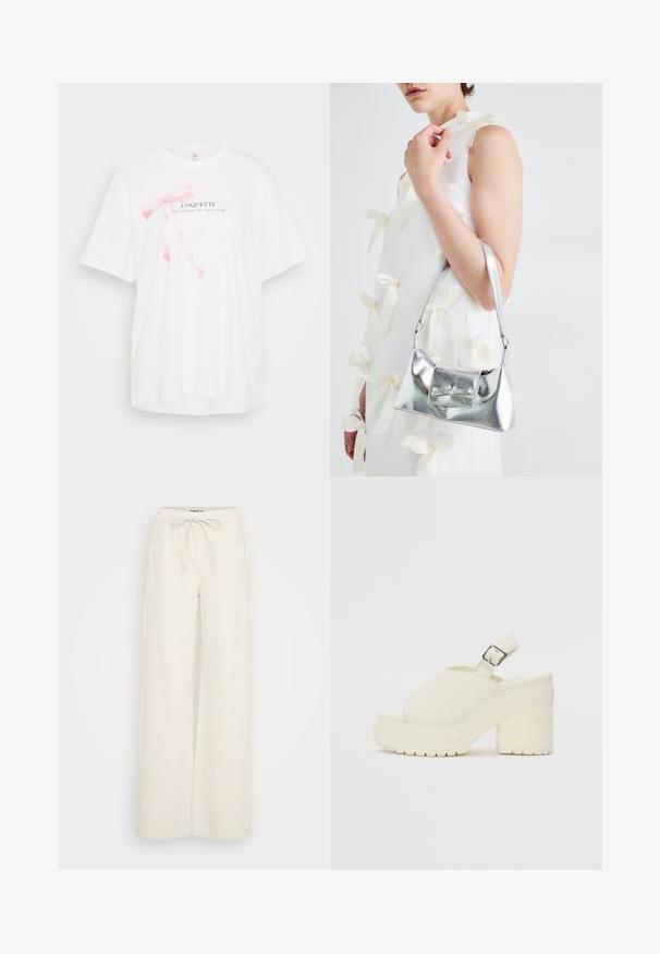 Bijela majica kratkih rukava s grafikom roza vrpce i natpisom "COQUETTE" u crnoj boji. Mekani materijal s opuštenim krojem.; Hlače širokih nogavica od off-white pamučne tkanine, s elastičnim pojasom i vezicom te bočnim džepovima. Glatka tekstura, minimalan dizajn.; Bijele platforme s otvorenom prstom i trakama za petu. Izrađene od teksturiranog materijala, imaju debeli potplat s uzorcima protiv klizanja.; Srebrna metalik torbica sa strukturiranim oblikom, s gornjom drškom i detaljem mašne sprijeda. Glatka tekstura, reflektirajući finiš.