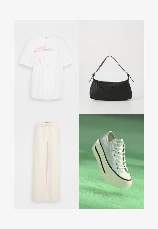 T-shirt blanc à manches courtes avec un graphique de ruban rose et le texte "COQUETTE" en noir. Tissu doux avec une coupe décontractée.; Pantalons larges en tissu de coton blanc cassé, avec une taille élastique dotée d'un cordon de serrage et des poches latérales. Texture lisse, design minimal.; Baskets argentées métalliques avec une semelle compensée, lacets blancs et accents noirs. Dotées d'un bout arrondi et d'une semelle en caoutchouc texturé.; Sac à épaule tissé noir avec une bandoulière en cuir lisse et une fermeture éclair. Présente une surface texturée et une forme courbée.