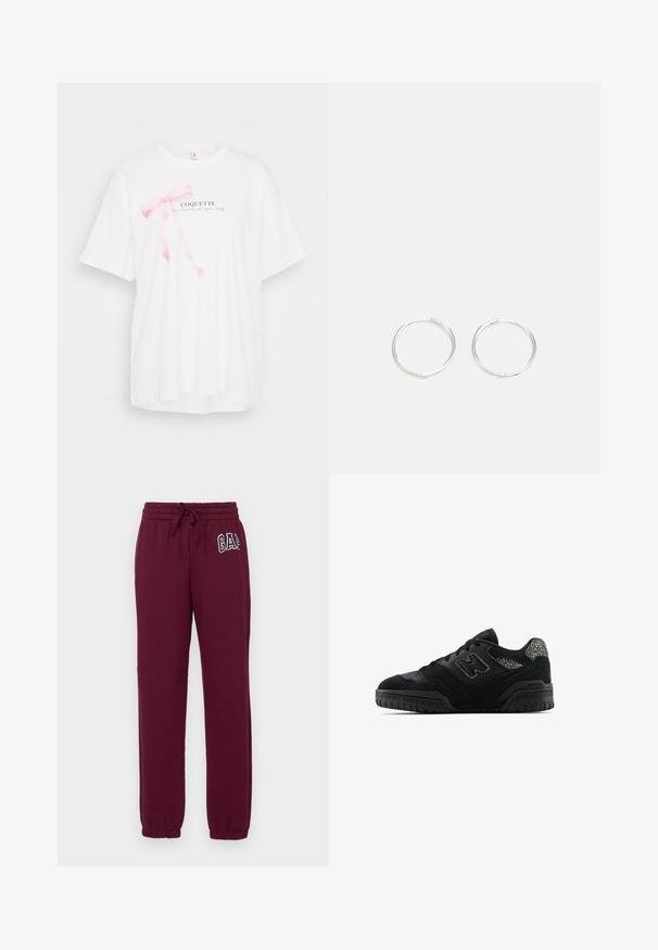 White short-sleeve t-shirt featuring a pink ribbon graphic and the text "COQUETTE" in black. Soft fabric with a relaxed fit.; Gap Tall HERITAGE JOGGER - Tracksuit bottoms - ruby wine; Black low-top sneaker with textured sole, lace-up design, suede panels, and patterned accents on heel and side logo.; Silver hoop earrings with a sleek, round design, featuring a smooth surface and no visible embellishments. Diameter not specified.