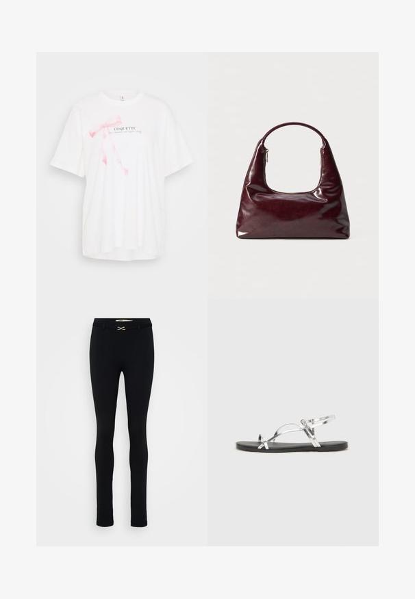 Λευκό κοντομάνικο T-shirt με γραφικό ροζ κορδέλας και το κείμενο "COQUETTE" σε μαύρο χρώμα. Μαλακό ύφασμα με χαλαρή εφαρμογή.; Μαύρες, ραμμένες κολάν με λεία υφή. Στενή εφαρμογή, με χρυσή λεπτομέρεια στη μέση. Χωρίς ορατές τσέπες.; Ασημένια μεταλλικά σανδάλια με μινιμαλιστικό σχέδιο, που διαθέτουν λεπτές λωρίδες και μαύρη επίπεδη σόλα. Εντυπωσιακά στοιχεία περιλαμβάνουν διασταυρούμενες λωρίδες.; Μπορντό δερμάτινη τσάντα χειρός με γυαλιστερή φινίρισμα, στρογγυλή λαβή και ανοιχτό κορυφής με φερμουάρ; διαθέτει κομψό, μινιμαλιστικό σχέδιο.