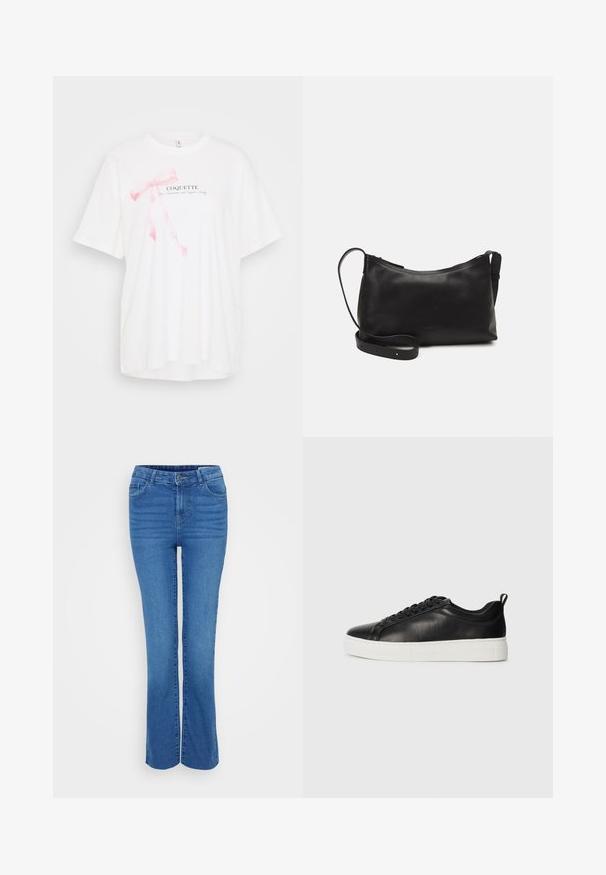 Bijela majica kratkih rukava s grafikom roza vrpce i natpisom "COQUETTE" u crnoj boji. Mekani materijal s opuštenim krojem.; Plave traperice s širokim nogavicama, srednjim strukom, dizajnom s pet džepova i blagim izbljeđenjem na prednjoj strani, sa petljama za remen i zatvaračem.; Crne kožne patike niskog profila s crnim vezicama i bijelim debelim gumeni đonom, prikazane sa vanjske strane na bijeloj pozadini.; Crna kožna torba na rame s glatkom teksturom, zakrivljenim oblikom, podesivim remenom i zatvaranjem na patentni zatvarač. Minimalistički dizajn bez ukrasa.