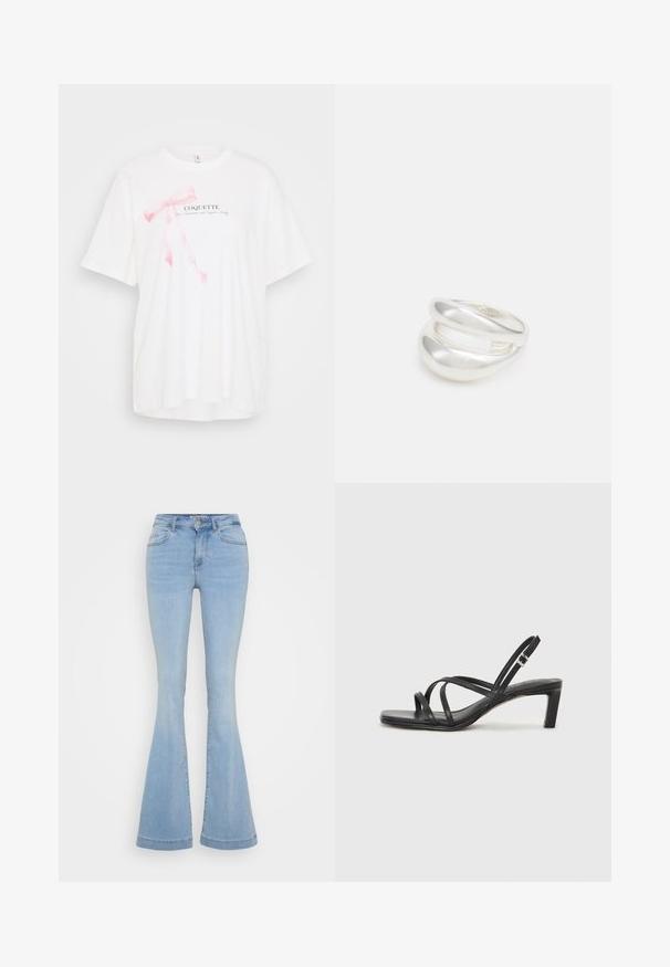Bela majica s kratkimi rokavi z roza pentljo in besedilom "COQUETTE" v črni barvi. Mehka tkanina z udobnim krojem.; Svetlo modri zvončasti jeans iz denima, z visokim pasom, petimi žepi in kontrastnim šivanjem ob šivih.; Črne natikače s trakovi in kvadratnim prstom ter nizkim blokastim peto. Imajo več tankih trakov in nastavljiv trak okoli gležnja. Narejene so iz gladkega usnja.; Srebrn dvojni prstan z gladko, polirano površino. Ima tekoč, ukrivljen dizajn z prekrivajočimi se sekcijami za sodoben videz.