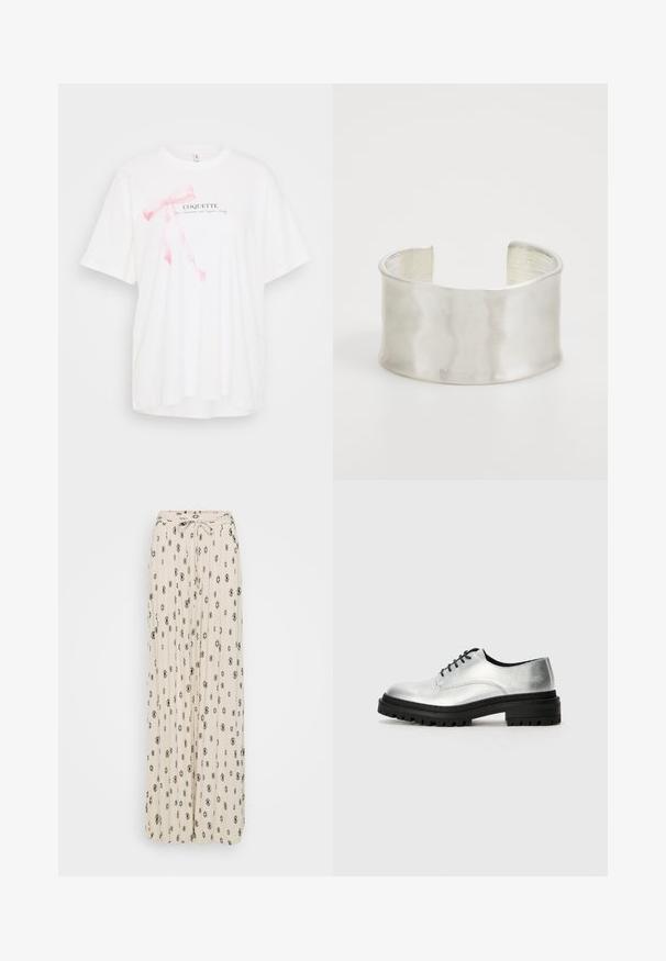 Witte korte mouwen t-shirt met een roze lint graphic en de tekst "COQUETTE" in het zwart. Zachte stof met een ontspannen pasvorm.; Crème maxi rok met zwarte diamanten en bloemmotieven, geplooid materiaal, strikceintuur en luchtig ontwerp.; Zilveren leren oxford schoenen met een ronde neus, een zwarte rubberen zool en zwarte veters. Heeft minimale stiksels langs de zijkanten.; Zign Armband - silver-coloured