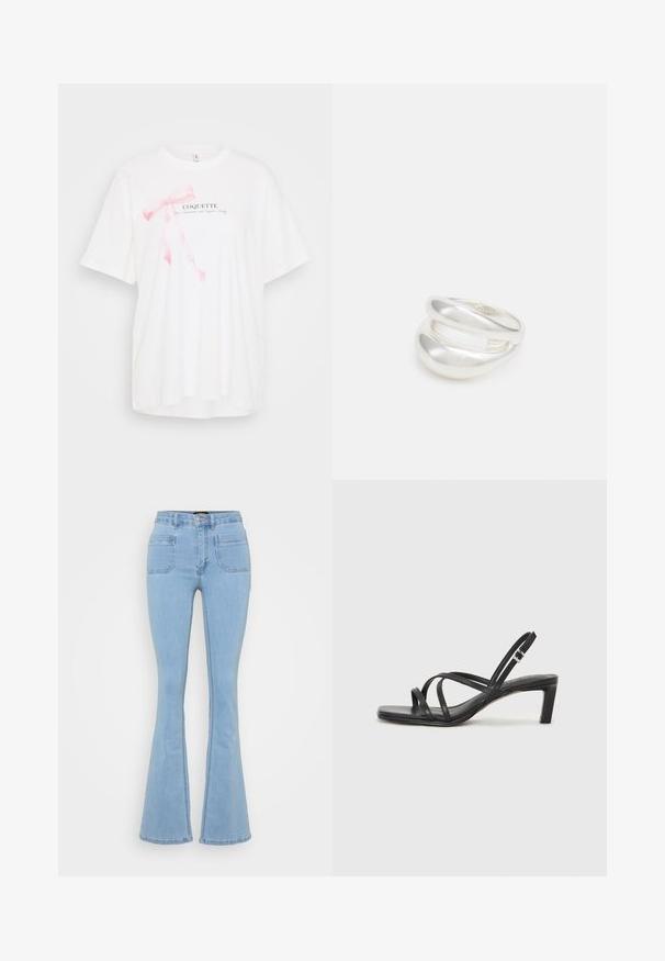 Bijela majica kratkih rukava s grafikom roza vrpce i natpisom "COQUETTE" u crnoj boji. Mekani materijal s opuštenim krojem.; Svijetloplave traperice s ravnim nogavicama, visoki struk, pet džepova i vidljivi šavovi duž šavova.; Crne sandale s trakama, kvadratnim prstom i niskom blok petom. Ima više tankih trakica i podesivu trakicu oko gležnja. Izrađene su od glatke kože.; Srebrna dvostruka prsten s glatkom, poliranom površinom. Karakterizira ga fluidan, zakrivljen dizajn s preklapajućim sekcijama za moderan izgled.