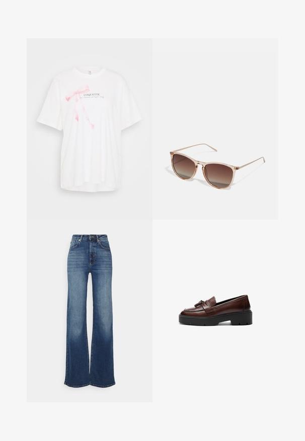 Bílá tričko s krátkým rukávem, na kterém je grafika růžové stuhy a text "COQUETTE" v černé barvě. Měkký materiál a volný střih.; Džíny s širokými nohavicemi ve středně modrém denimu. Vysoký pas s hladkým povrchem, vybledlý přední část a jemné detaily prošívání. Zapínání v pase na knoflík.; Hnědé kožené mokasíny s hladkým designem, kontrastní černou platformovou podrážkou a dekorativním třásňovým akcentem na nártu. Hladký povrch.; Hnědé sluneční brýle s gradientem, s průhledným růžovým rámem, čtvercovým tvarem a tenkými kovovými nohami. Charakterizovány zaoblenými hranami a minimálním zdobením.