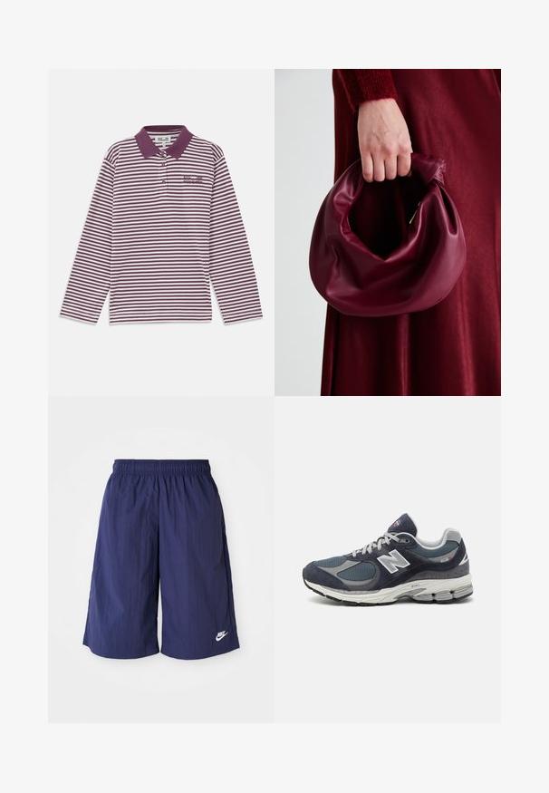 Burgundi és fehér csíkos, hosszú ujjú pólóing, amely gallérral, három gombos gombolással és hímzett logóval rendelkezik a mellkason.; Tengerészkék Nike sort, rugalmas derékkal, könnyű, sima anyagból készült, kis fehér logóval az alsó oldalon.; Új Balance sportcipők sötétkék hálós és velúr felsőrésszel, szürke kiegészítőkkel, fehér logóval, párnázott talppal és texturált részletekkel.; Burgundi bőrtáska puhán ráncolt dizájnnal és kerek alakban. A fogantyú rögzítve van, sima textúrával rendelkezik.