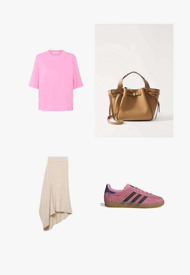 T-shirt in cotone rosa con maniche corte, collo rotondo e vestibilità rilassata. Texture liscia con un design semplice e di colore uniforme.; Mango Gonna lunga - off-white; Sneaker in suede rosa con strisce nere, suola in gomma e tallone texturizzato viola. Presenta un design con lacci e un marchio in rilievo sul lato.; Tory Burch ROMY PEBBLED SATCHEL - Borsa a mano - tiramisu