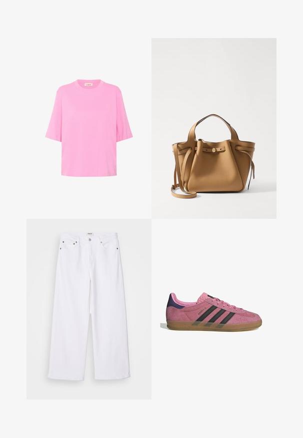 Rosa Baumwoll-T-Shirt mit kurzen Ärmeln, rundem Halsausschnitt und lockerer Passform. Glatte Textur mit einem einfachen, einfarbigen Design.; Weiße, weit geschnittene Jeans aus Denim mit einem Fünf-Taschen-Design, metallischen Hardware-Elementen und einer hohen Taille, mit einem sauberen Abschluss am Saum.; Rosa Wildleder-Sneaker mit schwarzen Streifen, Gummisohle und strukturiertem lila Fersenbereich. Verfügt über ein Schnürdesign und geprägte Markenkennzeichnung an der Seite.; Tory Burch ROMY PEBBLED SATCHEL - Handtasche - tiramisu