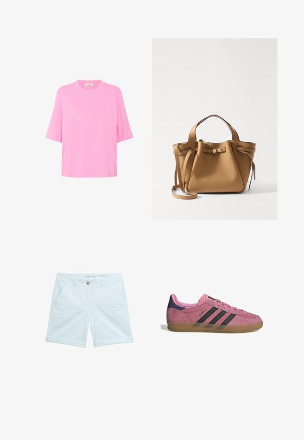 Ružový bavlnený tričko s krátkymi rukávmi, okrúhlym výstrihom a voľným strihom. Hladká textúra s jednoduchým, jednofarebným dizajnom.; Svetlomodré chino šortky s rolovaným lemom, obsahujúce dve bočné vrecká a zapínanie na prednom gombíku. Vyrobené z priedušného materiálu.; Rúžové semišové tenisky s čiernymi pruhmi, gumovou podrážkou a textúrovaným fialovým podpätkom. Obsahujú šnurovací dizajn a embosované logo na strane.; Tory Burch ROMY PEBBLED SATCHEL - Kabelka - tiramisu