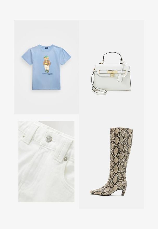 Polo Ralph Lauren POLO BEAR COTTON JERSEY T-SHIRT - Apdrukāts T-krekls - chambray blue; Baltas denima šorti ar strukturētu jostu, sudraba pogu detaļām un teksturētu audumu. Iekļauj priekšējās kabatas un kārtīgas šuves.; Bianco BIACLARA - Zābaki - white; Balts rokassomu ar krokodila tekstūru, zelta aksesuāriem, augšējo rokturi un noņemamu plecu siksnu; iekļauj slēgšanu ar atslēgu un minimālistisku dizainu.