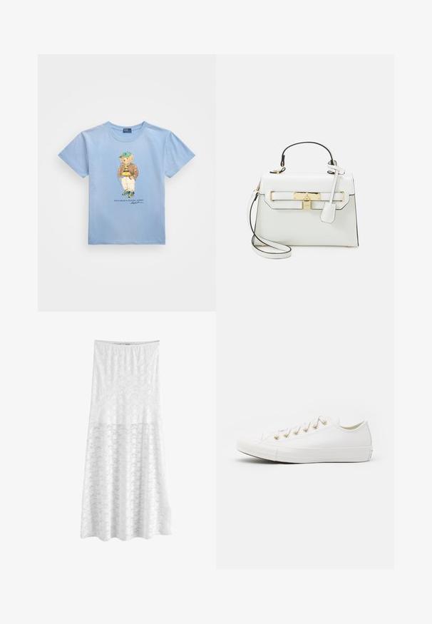Polo Ralph Lauren POLO BEAR COTTON JERSEY T-SHIRT - Tricou cu imprimeu - chambray blue; Next REGULAR FIT - Fustă maxi - white; Converse CHUCK TAYLOR ALL STAR - Sneakers low - vintage white/light gold; Geantă albă cu textură de crocodil, accesorii din aur, mânere superioare și curea de umăr detașabilă; are un sistem de închidere cu lacăt și un design minim.