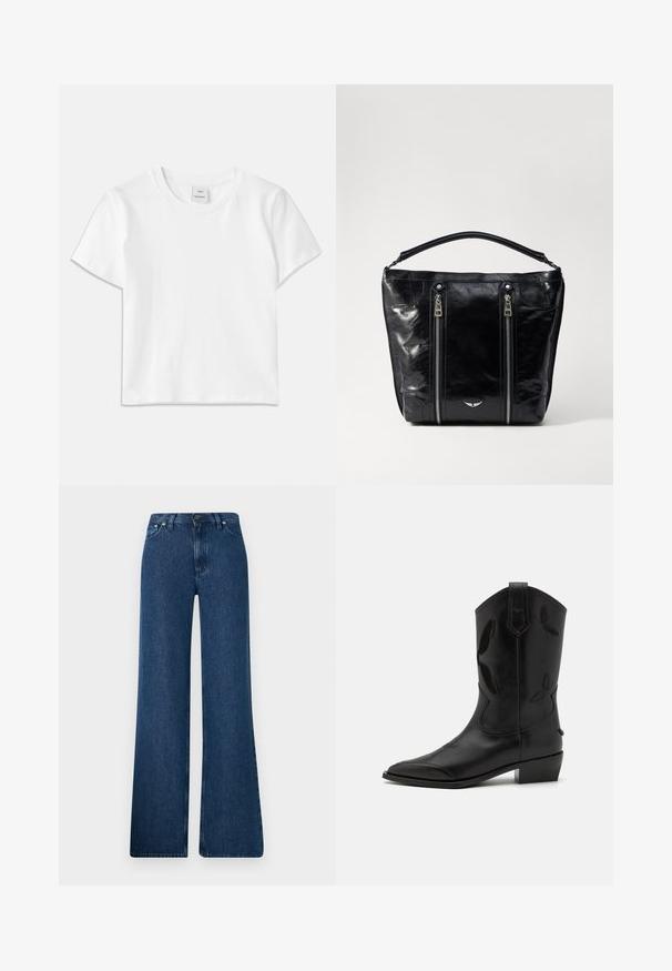 Balta kokvilnas T-krekls ar apaļu kaklu, īsām piedurknēm un taisnu apakšmalu. Uzlīme "Won Hundred" centrā pie kakla.; Zila denim flared bikses ar augstu vidukli, piecu kabatu dizainu un metāla pogu aizdari. Gluda tekstūra, ikdienišķs stils un minimālas šuves.; Melni ādas kovboju zābaki ar norādītu purngalu, izšūtām detaļām un zemu papēdi. Iezīmē vertikāla šūšana un sānu cilpas.; Melnas patentētas ādas rokassoma ar diviem priekšējiem rāvējslēdzējiem, strukturētu formu un īsu rokturi. Apakšā atrodas neliela sudraba logo.