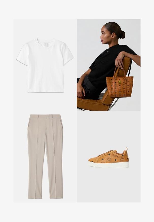 Hvid bomulds-t-shirt med rund hals, korte ærmer og lige kant. Mærke med teksten "Won Hundred" placeret i midten af halsudskæringen.; Filippa K EMMA TROUSERS - Bukser - desert tau; Brune lædersneakers med kontrastfarvede hvide gummisåler, prydet med sorte diamantmønstre og MCM-logoer på siden. Inkluderer snørebånd og en bagåbning.; Kvinde med hår i en knold sidder sidelæns på en lys læderstol og holder en lys mønstret taske med sorte logoer og et guld emblem.