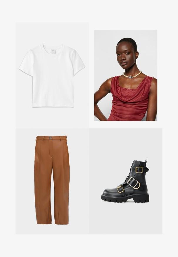 T-shirt en coton blanc avec un col rond, des manches courtes et un ourlet droit. Étiquette marquée "Won Hundred" au centre de l'encolure.; Pantalons en simili cuir marron avec une coupe droite, des détails de couture à l'avant, deux passants de ceinture et une fermeture par un bouton unique à la taille.; Bottine noire en cuir avec semelle épaisse, dotée de multiples sangles et d'accents en métal doré. Texture lisse, design robuste.; Robe rouge profond à col bénitier, avec une texture lisse. Présente un collier de perles avec un accent en argent décoratif au centre.
