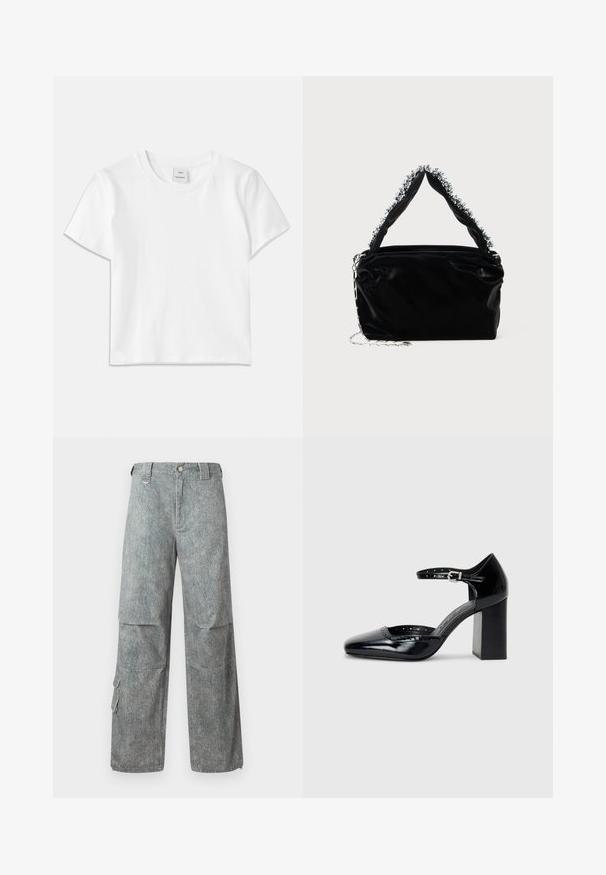 Valge puuvillane T-särk, millel on ümar kaelus, lühikesed varrukad ja sirge allaäär. Kaela keskosas silt "Won Hundred".; Heledsinine cargo-püksid, mis on valmistatud tekstureeritud denimist ja omavad vabalt langevat lõiget. Need sisaldavad suuri küljetaskuid ja nööbiga kinnitust vööl.; Mustad lakknahk kingad kõrge kontsaga, ruudukujulise varbaga, pahkluu rihmaga ja paksu kontsaga. Sisaldab perforatsioonidega detaile ääres.; Must mustrepp nahkakäekott, millel on tekstuuriga viimistlus, esitades pehme hõbedase aktsendi pealt käepideme juures ja kettainet.