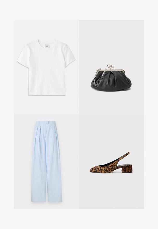 White cotton t-shirt with a crew neck, short sleeves, and a straight hem. Tag labeled "Won Hundred" at the center of the neckline.; Light blue wide-leg trousers made from fabric with vertical white stripes, featuring pleats and a fitted waistband.; Women's leopard print slingback shoe with low block heel and gold buckle on side strap, shown in side profile on plain background.; Black leather clutch with gathered texture, silver-tone metal frame, kiss-lock closure, and chain strap. Smooth, soft surface.