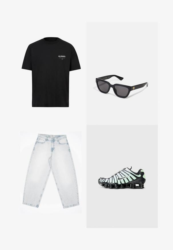 Must t-särk lühikeste varrukatega ja ümberringi kaelusega. Vasakul rinnal on valge tekst "ALLSAINTS" ja "LONDON".; Heledad sinised teksad, millel on lõdva, kotjaks sobiv istuvus. Omab viit taskut, nööbisuletust ja õmblustega kaunistust. Pleekinud tekstuur ja sirged jalad.; Nike spordijalats, millel on must ja mündiroheline disain, võrkkatted, millel on kumerad aktsendid, ja silmapaistev must pehmendusking.; Mustad musta värvi ristkülikukujulised prillid, millel on läikiv viimistlus, tumedad läätsed ja kuldsed aksessuaarid templil, millel on logo.