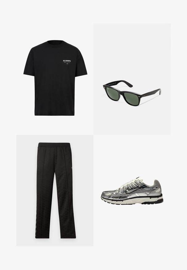 Camiseta de algodón negra con mangas cortas y cuello redondo. Presenta texto blanco "ALLSAINTS" y "LONDON" en el área del pecho izquierdo.; Pantalones deportivos negros con un patrón texturizado, cinturilla elástica, dos bolsillos laterales con cremallera y rayas verticales a los lados.; Zapatilla deportiva en plata y negro con una parte superior de malla y sintético, diseño voluminoso y acabado texturizado. Presenta un cuello acolchado y suela de goma.; Gafas de sol de plástico negro con lentes verdes, montura cuadrada, acento plateado en la ceja y brazos texturizados. Marca indicada en el brazo interno.