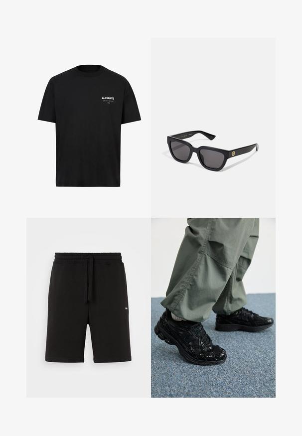 T-shirt din bumbac negru, cu mâneci scurte și guler rotund. Prezintă text alb "ALLSAINTS" și "LONDON" în zona pieptului stâng.; Pantaloni scurți negri din bumbac, cu talie elastică și șnur de strângere. Dispune de buzunare laterale și un logo mic pe față. Textură netedă.; Adidași negri sport cu texturi lucioase și din plasă, având o talpă groasă și șireturi, asortați cu pantaloni cargo largi de culoare verde măsliniu.; Ochelari de soare dreptunghiulari, negri, cu un finisaj lucios, lentile întunecate și detalii aurii pe tâmplă cu logo-ul.