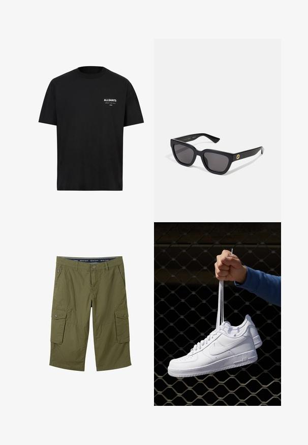 Schwarzes Baumwoll-T-Shirt mit kurzen Ärmeln und Rundhalsausschnitt. Mit weißen Aufdrucken "ALLSAINTS" und "LONDON" auf der linken Brustseite.; Olivgrüne Cargo-Shorts aus leichtem Material mit zwei seitlichen Taschen und zwei Cargo-Taschen. Verfügt über einen Knopfverschluss und Gürtelschlaufen.; Weiße Leder-Sneaker mit Perforationen, runder Zehenpartie, flacher Sohle und dicken Schnürsenkeln, mit sichtbar eingesticktem Swoosh-Logo und "AIR" an der Ferse.; Schwarze rechteckige Sonnenbrille mit glänzender Oberfläche, dunklen Gläsern und goldenen Akzenten am Bügel, die das Logo zeigen.
