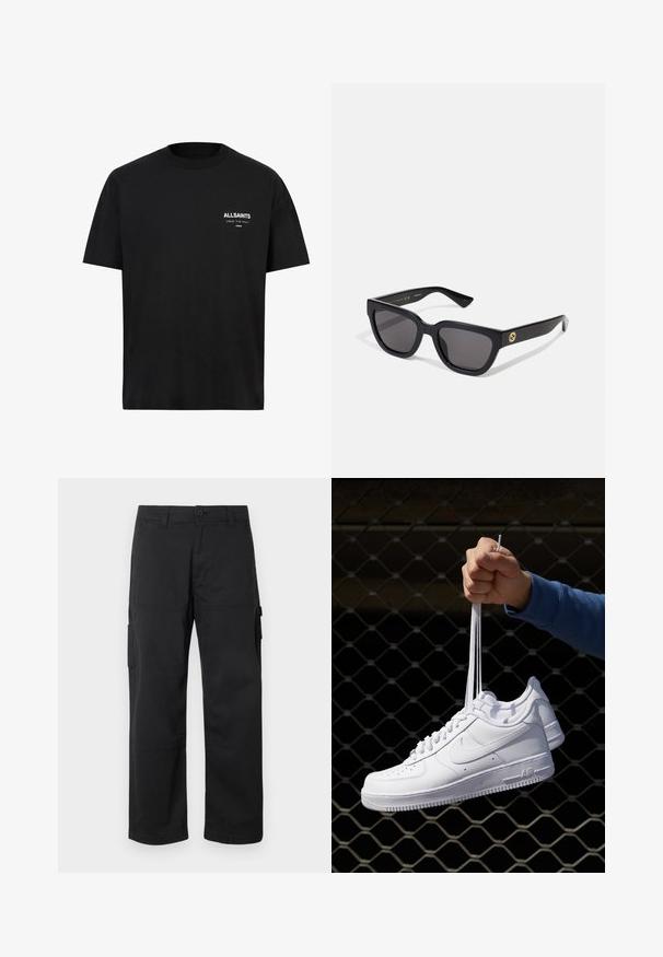 Črna bombažna majica s kratkimi rokavi in krožnim izrezom. Na levi strani prsnega koša se nahajata belega napisa "ALLSAINTS" in "LONDON".; Črne cargo hlače z naravnim krojem, več stranskimi žepi in gumbom za zapiranje. Narejene iz trpežne, lahke tkanine.; Bela usnjena športna obutev s perforacijami, okroglo konico, ravnim podplatom in debelimi vezalkami, z vidnim logotipom smoosh in napisom "AIR" na peti.; Črna pravokotna sončna očala z gladkim zaključkom, temnimi lečami in zlatim okrasjem na strani, ki vsebuje logo.