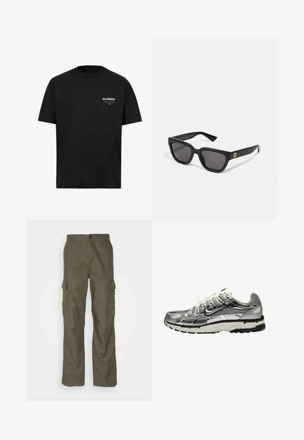 T-shirt din bumbac negru, cu mâneci scurte și guler rotund. Prezintă text alb "ALLSAINTS" și "LONDON" în zona pieptului stâng.; Pantaloni cargo verde măsliniu cu croială dreaptă, fabricați dintr-un material texturat. Prezintă buzunare laterale mari și închidere cu buton.; Încălțăminte sportivă argintie și neagră, cu un superior din plasă și material sintetic, design voluminos și finisaj texturat. Dispune de un guler captusit și talpă din cauciuc.; Ochelari de soare dreptunghiulari, negri, cu un finisaj lucios, lentile întunecate și detalii aurii pe tâmplă cu logo-ul.