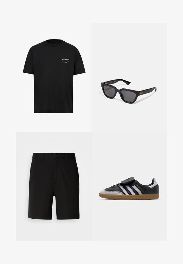 Must t-särk lühikeste varrukatega ja ümberringi kaelusega. Vasakul rinnal on valge tekst "ALLSAINTS" ja "LONDON".; Mustad mustad, mis on valmistatud siledast kangast, ühe nupu sulgemise ja vöökohtadega, sirgete sääreavadega ja ilma nähtavate mustriteta.; Must musta ja halli suede tennisekad valgete triipudega, kummist kummitallaga, paelaga esiosaga ja Velcro rihmaga. Omab kuldset "Samba" brändi.; Mustad musta värvi ristkülikukujulised prillid, millel on läikiv viimistlus, tumedad läätsed ja kuldsed aksessuaarid templil, millel on logo.