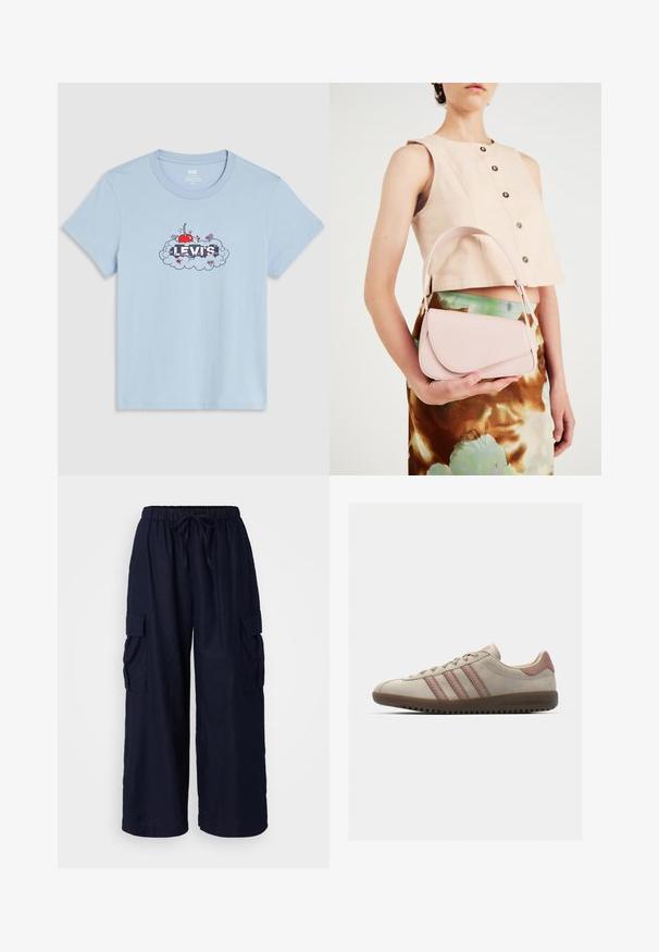 T-shirt Levi's di colore azzurro chiaro con una grafica di una ciliegia rossa, piccoli fiori e nuvole attorno al nome del brand in lettere bianche.; Pantaloni cargo blu navy con vestibilità comoda, vita elastica con cordoncino e due tasche laterali. Realizzati in tessuto leggero.; Sneaker beige in suede con accenti rosa, caratterizzata da tre strisce sovrapposte, una punta testurizzata e una suola in gomma con scanalature.; Borsa in pelle rosa con pattina curva, tracolla singola e linee pulite. La borsa presenta una texture liscia e un design minimalista.