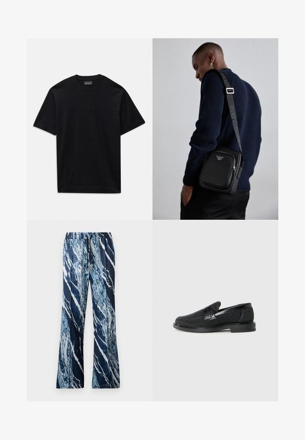 Zwarte t-shirt met korte mouwen, voorzien van een subtiel geperforeerd patroon en een vaag reliëflogo op de borst, ronde halslijn.; Roberto Cavalli MARBLE TECH TRACK PANT - Broek - blue; Zwartegeweven instap schoenen met een glad leren accent aan de bovenkant, een ronde neusontwerp en een laag profiel rubberen zool.; Zwarteleren schoudertas met een ritscompartiment, logo-detail en een verstelbare band met merk. Draag gezien tegen een gestructureerde marineblauwe trui.