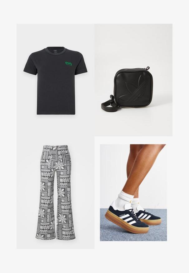 Black cotton t-shirt with a round neckline and short sleeves. Features green embroidered "Obey" logo on the left chest. Basic design, no patterns.; Black and white flared pants featuring a geometric floral pattern. Made from lightweight fabric with a smooth texture.; Black suede sneakers with white stripes and accents, rounded toe, gum rubber outsole, paired with white ribbed crew socks.; Black square crossbody bag made of textured synthetic material. Features an embossed logo design and adjustable strap. Zipper closure.